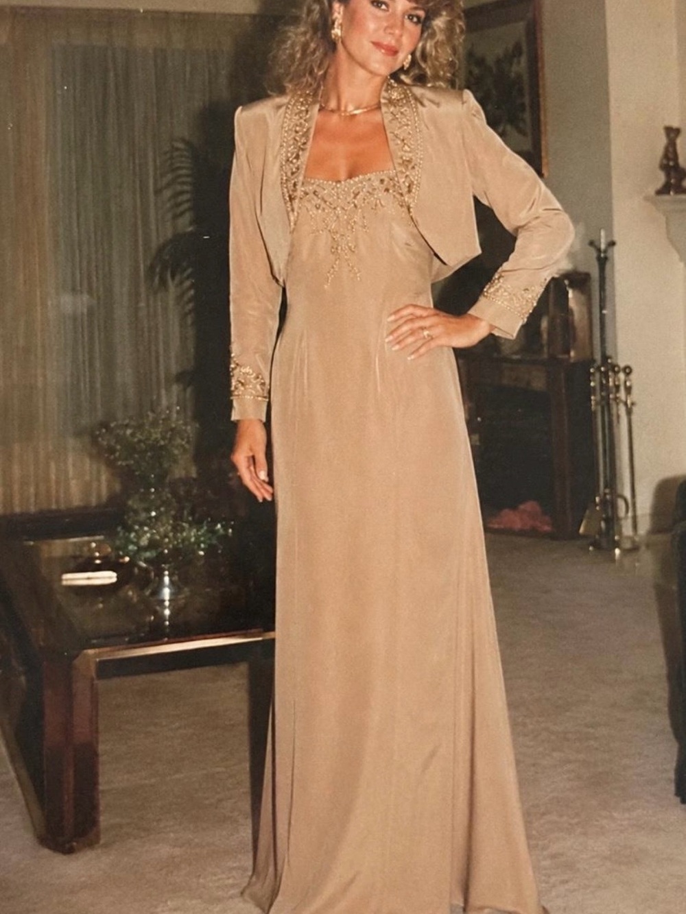 Jovani Taupe Evening Maxi Dress with Beaded Embellished Bolero